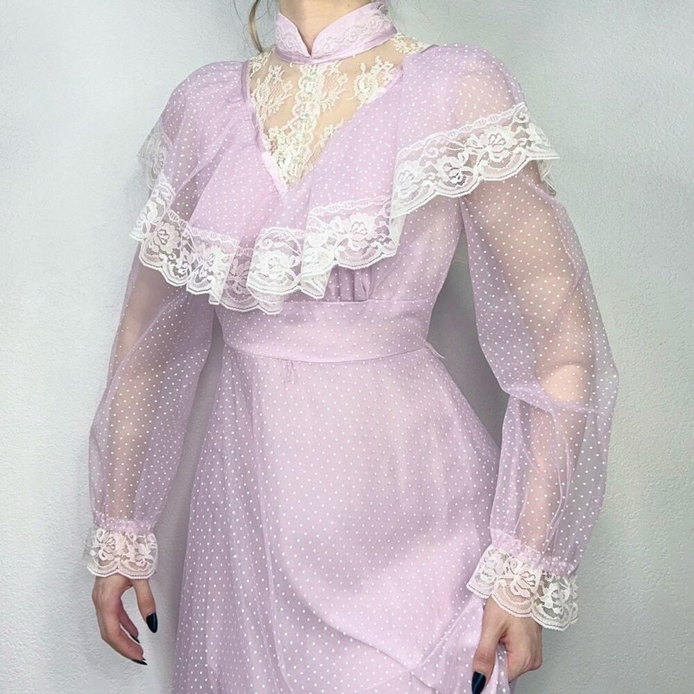 Vintage 70s Purple Polka Dot Lace Ruffle Maxi Dress Cottagecore Prairie Size XS